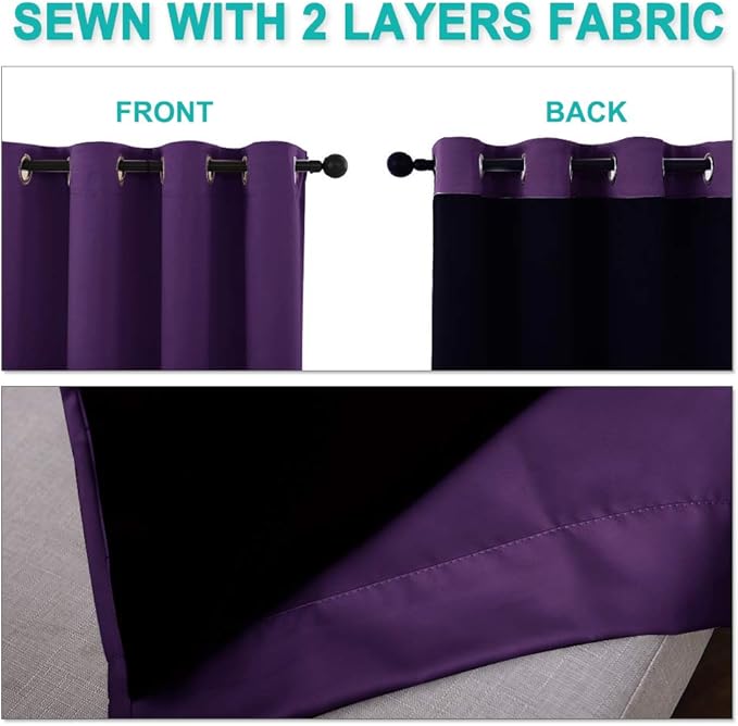 NICETOWN 100% Blackout Short Curtains with Black Liners, 2 Panels, 37" W by 63" L, Royal Purple, Solid Thermal Insulated Full Blackout 2-Layer Lined Drapes, Energy Efficiency Window Drapes for Bedroom - Image 5