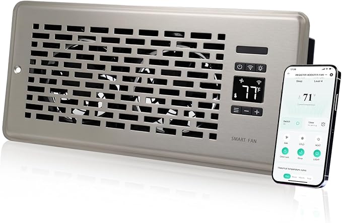 Register Booster Fan for 4" x 10" Register Holes, Quiet Vent Fan Booster with Intelligent Thermostat, Improves Heating Cooling, App Control, 10-Speeds, Manhattan Smart Register Vent, SN by SANYCASA