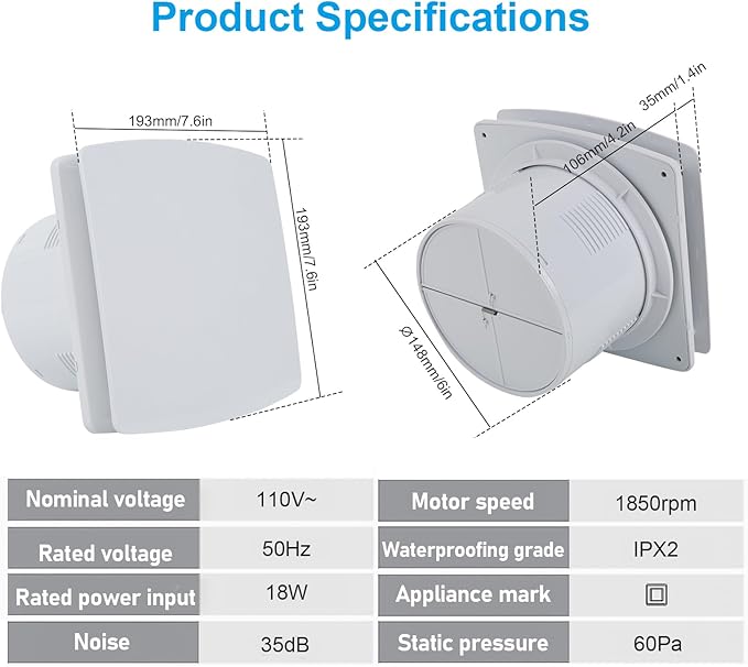 Bathroom Exhaust Fan, 6 inch Silent Ceiling and Wall Mount Ventilation Fan with Anti-Backflow Check Valve, Balanced Air Solution, for Tub Shower Enclosure, 110V (Square) - Image 6