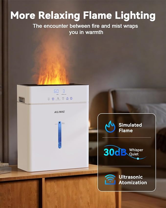 Humidifiers for Bedroom Large Room 10L/2.64Gal, Warm and Cool Mist Humidifier Large Room, Simulated Flame Humidifier Light, 12H Timer, 3 Speed, Top Fill, 1000sq.ft for Baby/Plant/Office - Image 6