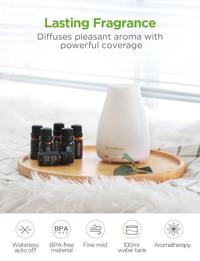 InnoGear Essential Oil Diffuser with Oils, 100ml Aromatherapy Diffuser with 6 Essential Oils Set, Aroma Cool Mist Humidifier Gift Set, White - Image 7