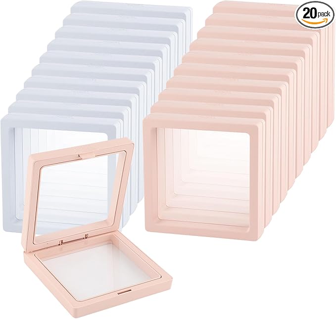 20 Pcs 3D Floating Display Case 3.5x3.5x0.8inch, Challenge Coin Display,Transparent PE Jewelry Storage Box, Floating Display Holder Stands for Antique Challenge Coins, Medallion, Stamps(Pink & White) by Unknown