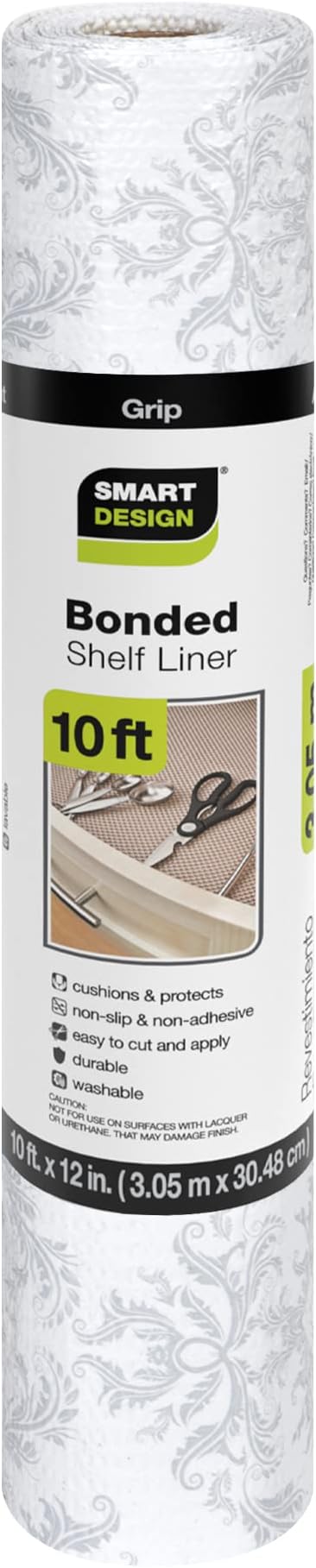 Smart Design Bonded Grip Shelf Liner - 12 Inch x 60 Feet Total (Set of 6 Rolls) - Non Adhesive, Strong Grip Bottom, Easy Clean Kitchen Drawer, Cabinet, Cupboard Dresser Cover - Fleur Gris - Image 2