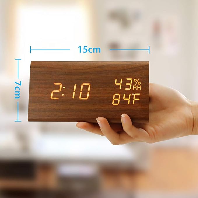 OCT17 Wooden Alarm Clock, Smart LED Digital Clock for Bedroom/desks, Upgraded with Time Temperature, Adjustable Brightness and Voice Control, Humidity Displaying - Brown - Image 2