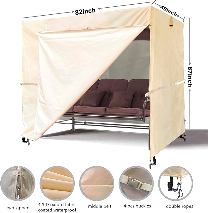Outdoor 3 Triple Seater Hammock Swing Cover - Garden Glider Chair Canopy - UV Resistant (82 * 49 * 67 inch) Beige - Image 2