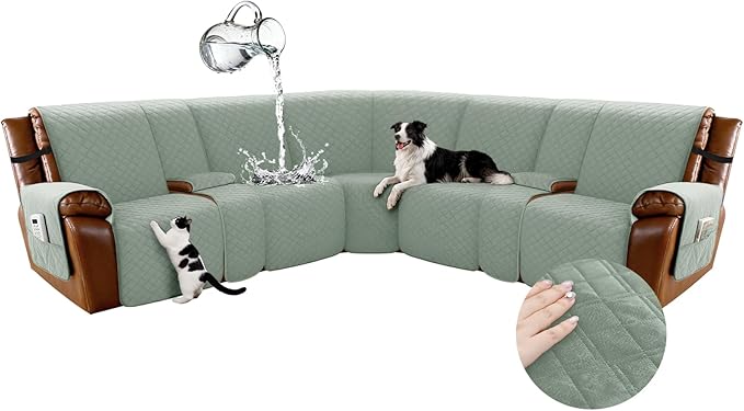 Arfntevss Waterproof Recliner Sectional Couch Covers for Reclining L Shape Sofa Cover Non Slip Washable L Shaped Slipcover Sets for Dog Furniture Protector (5 Seat with 2 Console Cover, Sage Green) by Arfntevss