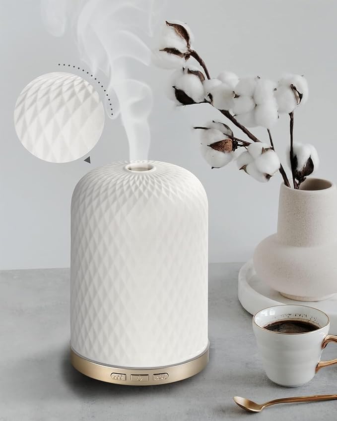 Essential Oil Diffuser,120ML 2.4MHz Ultrasonic Aromatherapy Diffusers for Essential Oils Large Room, Ceramic Diffusers Decorative Aroma Diffuser, Ideal Air Diffusers for Home, Room Decor, Yoga, White by ONABOVIVA
