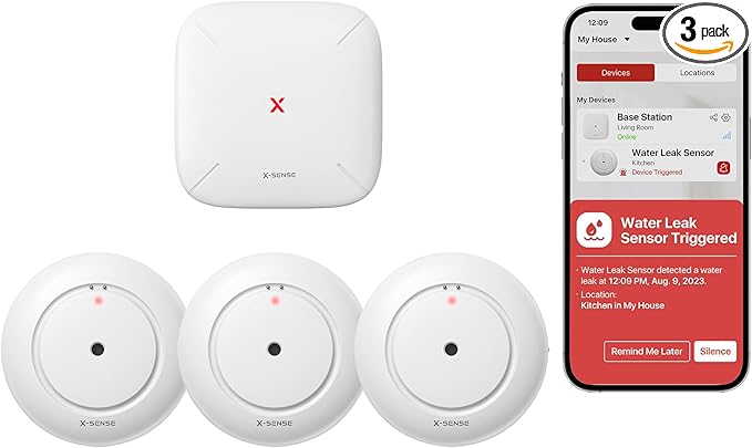 X-Sense Wi-Fi Water Leak Detector, Smart Water Sensor Alarm, Water Detector Alarm with 1700 ft Transmission Range for Kitchens, Basements, Bathrooms, 3 Water Detectors & 1 Base Station, Model SWS54 by X-Sense
