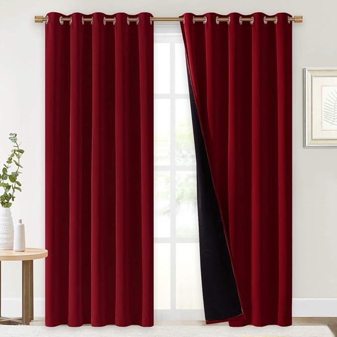 NICETOWN 100% Blackout Curtains with Black Liner Backing, Thermal Insulated Curtains for Living Room, Noise Reducing Drapes for Christmas, Burgundy Red, 70 inches x 84 inches Per Panel, Set of 2 - Image 2