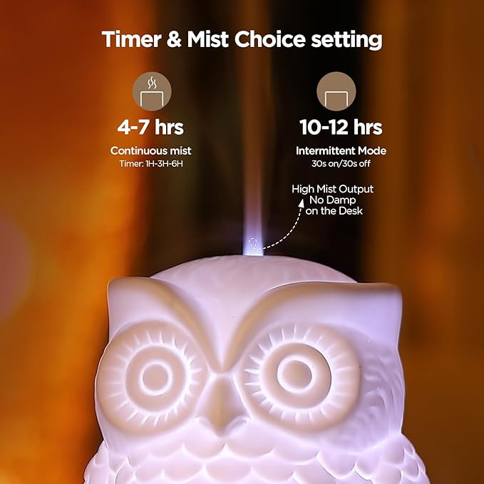 Owl Ceramic Aromatherapy Diffuser INRORANS 160ml Stone ultrasonic Cool Mist Scent Essential Oil Diffuser Humidifier with Intermittent Mist & LED 7 Colors Changing Night Light for Bedroom Office Home - Image 3