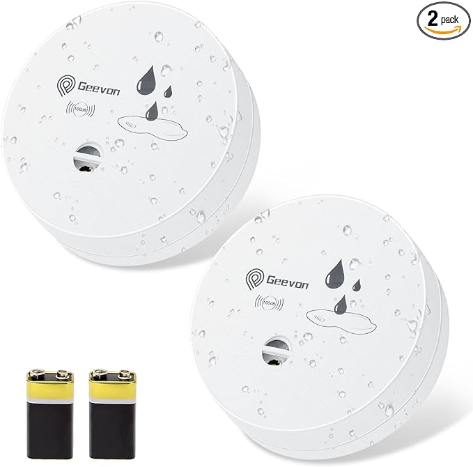 Geevon 2 Pack Water Leak Detectors, 100dB Water Sensor Alarms Flood Detector for Basements, Bathrooms, Laundry Rooms, Kitchens, Garages, and Attics, Water Alarms Battery-Operated (Battery Included) by GEEVON