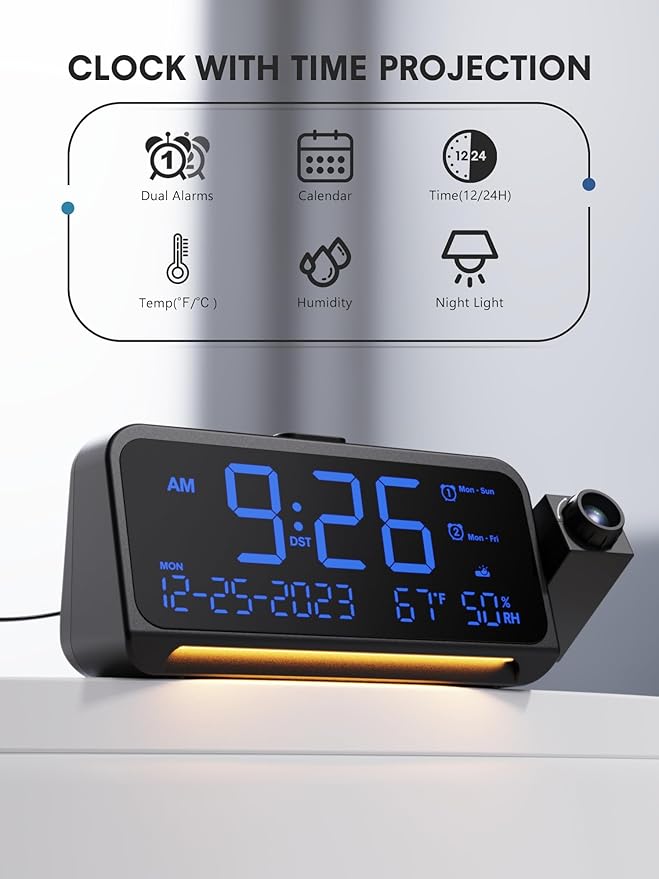 Mesqool Projection Alarm Clock for Bedroom Ceiling, Digital Clock Projector with Weekday/Weekend Mode, Date, Temperature, Humidity, Type-C USB Charger, Snooze, Dual Alarms, Dimmer,12/24H - Image 2