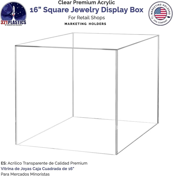 2 Pack 16 Inch Clear Acrylic Display Box Versatile Square One Piece No Lid Plexiglass Retail Product Storage Bin or Merchandise Riser with One Open Side No Assembly by Marketing Holders - Image 6