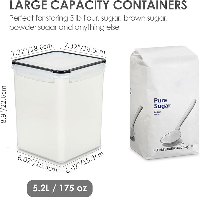 Vtopmart 4 PCS Large Food Storage Containers 5.2L / 175oz, 4 Pieces BPA Free Plastic Airtight Canisters for Flour, Sugar, Baking Supplies, Rice with Lids, 4 Measuring Cups and 24 Labels, Black - Image 2