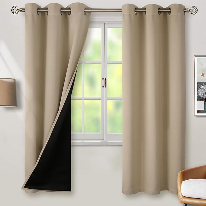 BGment Thermal Insulated 100% Blackout Curtains for Bedroom with Black Liner, Double Layer Full Room Darkening Noise Reducing Grommet Curtain (42 x 72 Inch, Sand, 2 Panels) by BGment