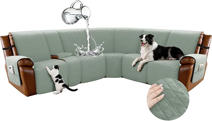 Arfntevss Waterproof Recliner Sectional Couch Covers for Reclining L Shape Sofa Cover Non Slip Washable L Shaped Slipcover Sets for Dog Furniture Protector (5 Seat with 1 Console Cover, Sage Green) by Arfntevss