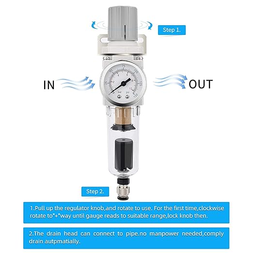 NANPU 1/4" NPT Compressed Air Filter Regulator Combo Piggyback, 5 Micron Brass Element, Poly Bowl, Semi-Auto Drain, Metal Bracket, 0-150 psi Gauge - Image 4