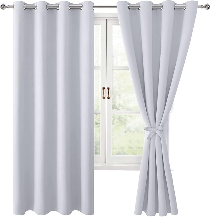 Hiasan Blackout Curtains for Bedroom, 52 x 63 Inches Length - Thermal Insulated & Energy Saving Window Curtains for Living Room, 2 Drape Panels Sewn with Tiebacks, Greyish White by Hiasan