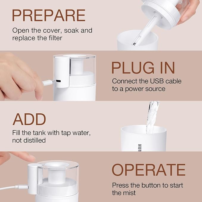 Portable Mini Humidifier, 180ml USB Cool Mist Small Humidifiers for Bedroom, Personal Desktop Humidification for Car Office Travel & Indoor Plants(White) - Image 6