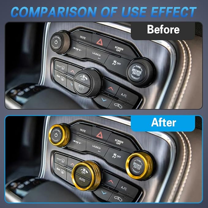 3PCS Air Conditioner Switch Button Knob Cover, Auto Accessories Climate Control Knob Covers, Aluminum Alloy Knob Ring Trim Cover Compatible with Dodge Challenger Durango 2015-2022 (Gold) - Image 4