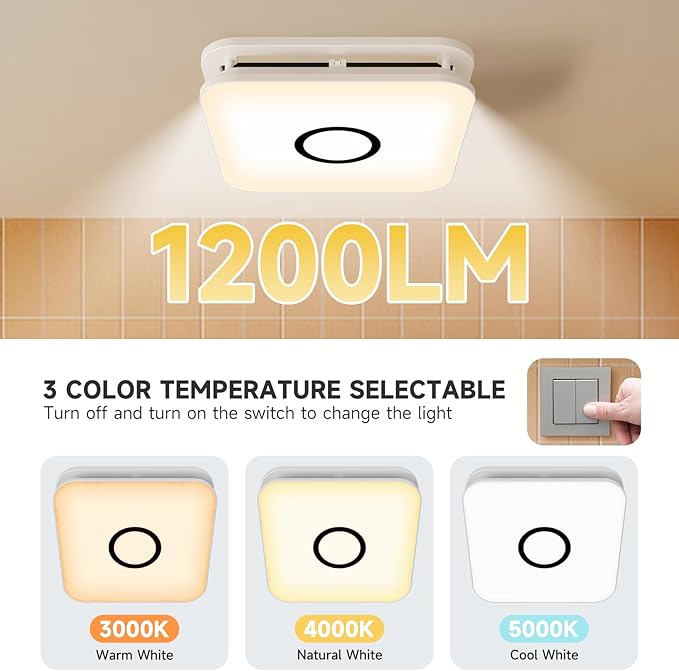2-in-1 Bathroom Exhaust Fan with Light, 32W Quiet Vent Fan - 130 CFM & 1.5 Sones, 1200lm LED Light - 3000K/4000K/5000K Adjustable, Easy to Install, Bathroom Fans for Home, Bath, Hotel, Etc. - Image 5