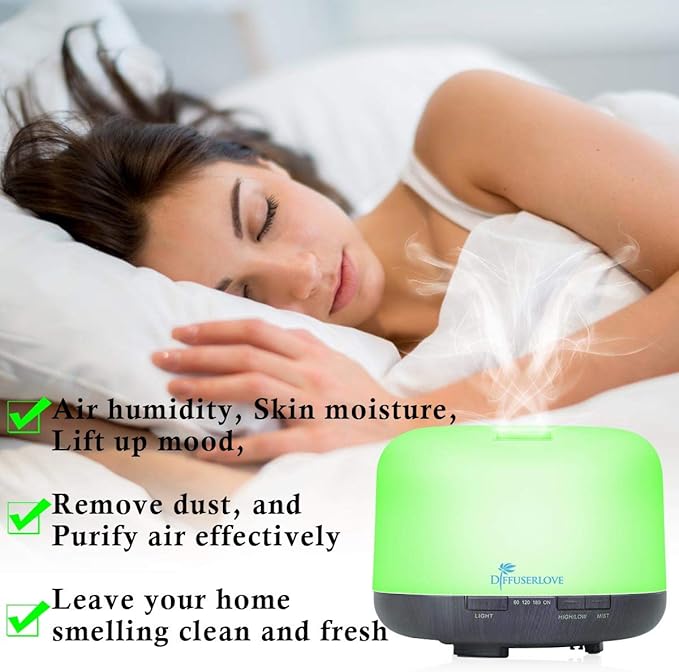 Diffuserlove Essential Oil Diffuser 500ML Aromatherapy Diffuser Mist Humidifiers 7 Color LED Lights Diffusers for Home Office Bedroom (Size:6.7" L x 6.7" W x 4.7" H) - Image 4