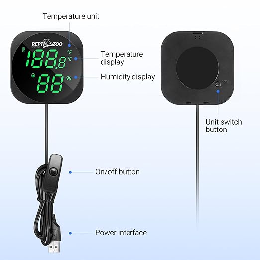 REPTI ZOO Thermometer Hygrometer, LED Digital Thermo Hygrometer for Reptile Terrarium Pet Rearing Box, Reptile Tank Thermometer with 55.2" Cable USB Power Supply - Image 8