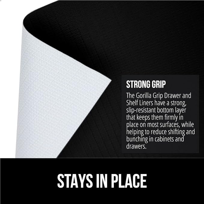 GORILLA GRIP DripGuard Shelf Liner, Non-Adhesive Drawer and Kitchen Cabinet Protector, 20x240 Inch, Strong Grip Slip Resistant Underside, Smooth Surface Liners for Cabinets, Bathrooms, Closets, Black - Image 3