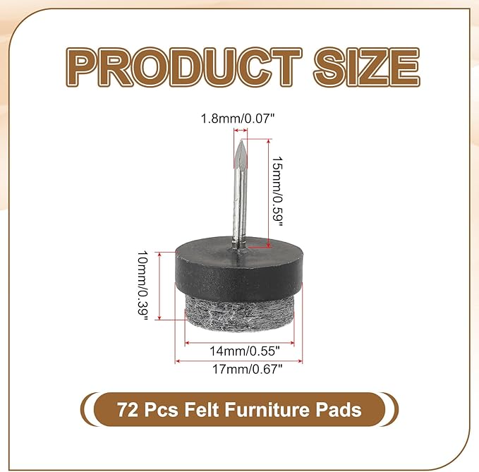 PATIKIL 17 mm Nail-on Felt Pads, 72 Pcs Round Felt Furniture Sliders Pads Heavy Duty Floor Protectors for Wooden Chair Sofa Cabinet Table Leg Feet Hardwood Floors, Black - Image 2