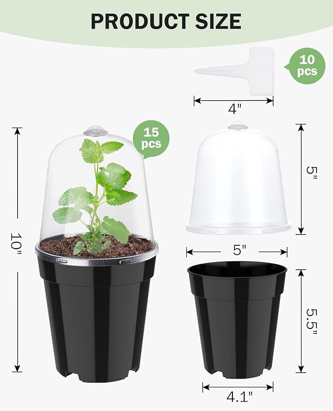 homenote Nursery Pots for Plants,5 Inch Plant Pot for Planting with Humidity Domes Plastic Seedling with Drainage Holes Seed Starter Flower with 10 Labels Black (15 Pack) - Image 5