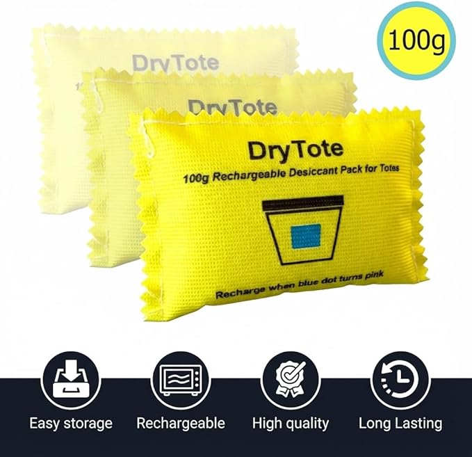 DryTote Rechargeable Desiccant Pack (Pack of 50), Ultimate Moisture Absorption, Color Change Indicator, Safe Storage Protection, Large Capacity 200 Gallons, 100g, Yellow - Image 2