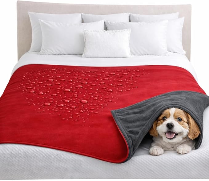 Premium Deluxe - 100% Waterproof Blanket Guarantees to Keep Your Bed Dry! Crinkle-Free Ultra-Soft Fleece Furniture Protector for People Kids Pets. EZ Wash/Dry Red/Grey Reversible 80x60 by TOP+Waterproof+Blanket