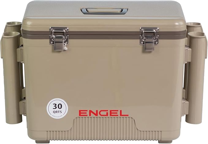 Engel UC30 30qt Leak-Proof, Air Tight, Fishing Drybox Cooler with Built-in Fishing Rod Holders, Also Makes The Perfect Hard Shell Lunchbox for Men and Women in White by ENGEL