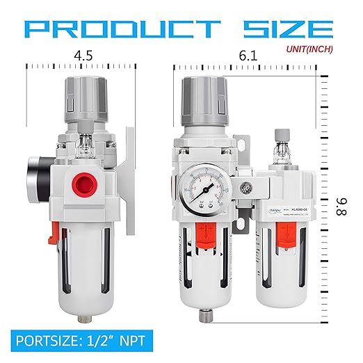 NANPU 1/2" NPT Compressed Air Filter Regulator Lubricator Combo Water/Oil Trap Separator - Gauge(0-150 psi), Poly Bowl, Semi-Auto Drain, Bracket - Image 3