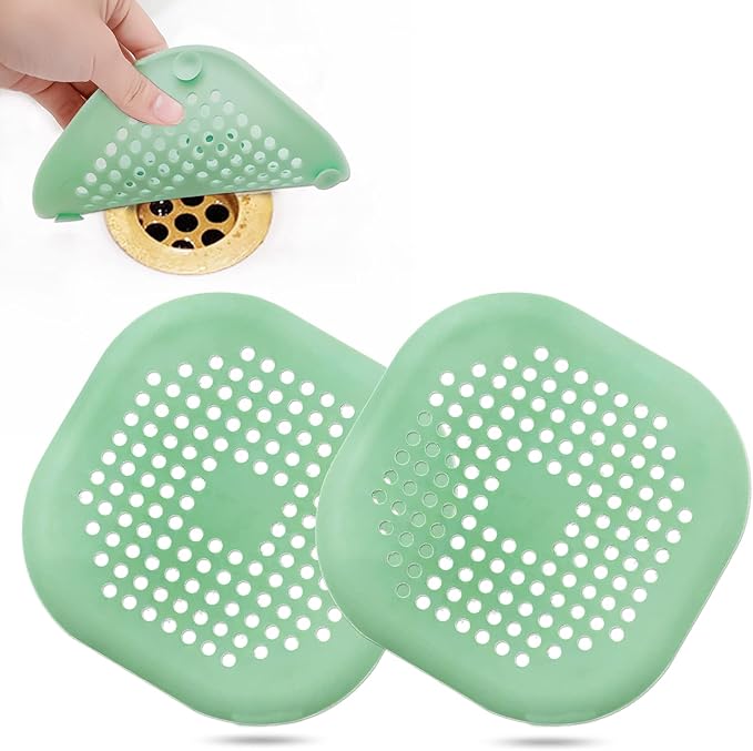 Hair Drain Catcher,Square Drain Cover for Shower Silicone Hair Stopper with Suction Cup,Easy to Install Suit for Bathroom,Bathtub,Kitchen 2 Pack (Green) by Bovinde