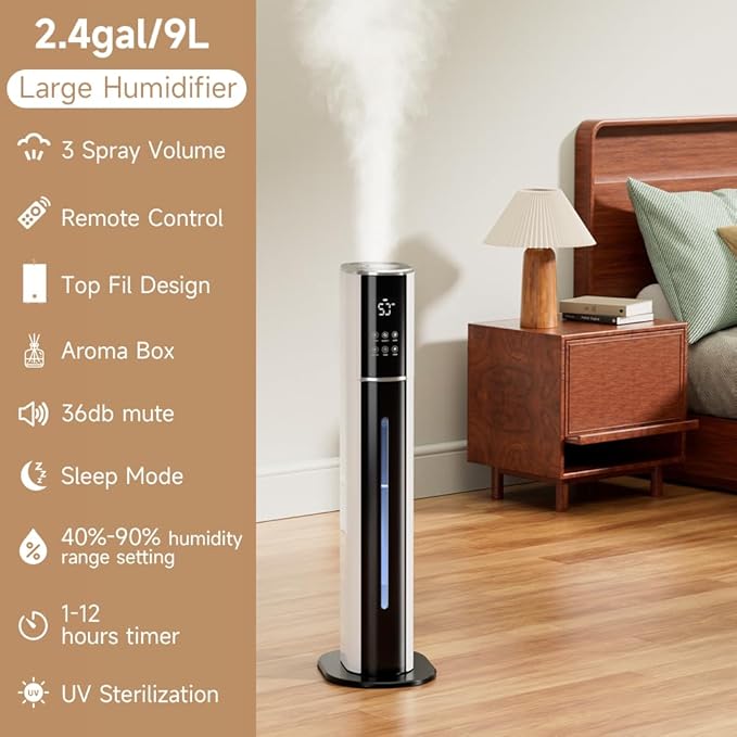 2.4Gal/9L Top Fill Quiet Ultrasonic Humidifier for Large Room Bedroom, Cool Mist Humidifier with Remote, Auto Humidity Control, 3 Speed Modes, 48H Runtime, Indoor Baby Pet Plant Friendly - Image 2