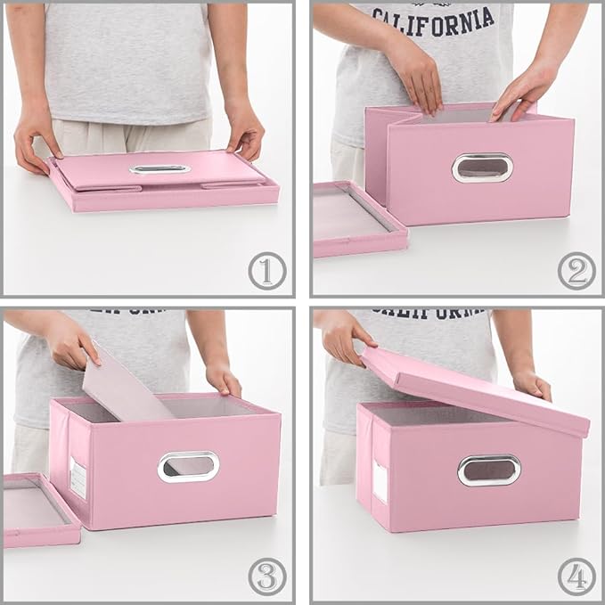 PRANDOM Collapsible Storage Box with Lid [3-Pack] Leather Fabric Foldable Storage Bin Organizer Container Basket Cube with Cover for Home Bedroom Closet Office Nursery Pink(13.6x9.6x6.9) - Image 4