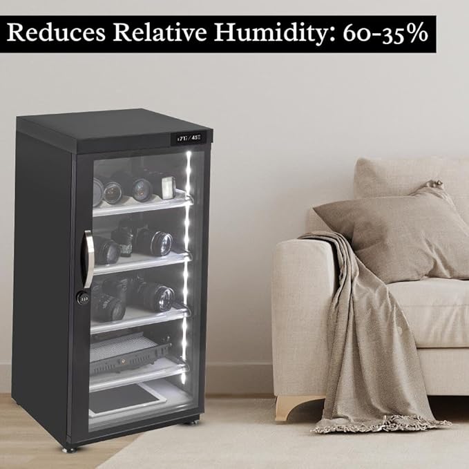 125LT Electronic Dry Cabinet for Camera, Lens & Electronics – Silent Dehumidifying Storage, Touchscreen Humidity Control (60‑35% RH), 4 Adjustable Shelves, LED Light, Lock, Energy Saving - Image 4