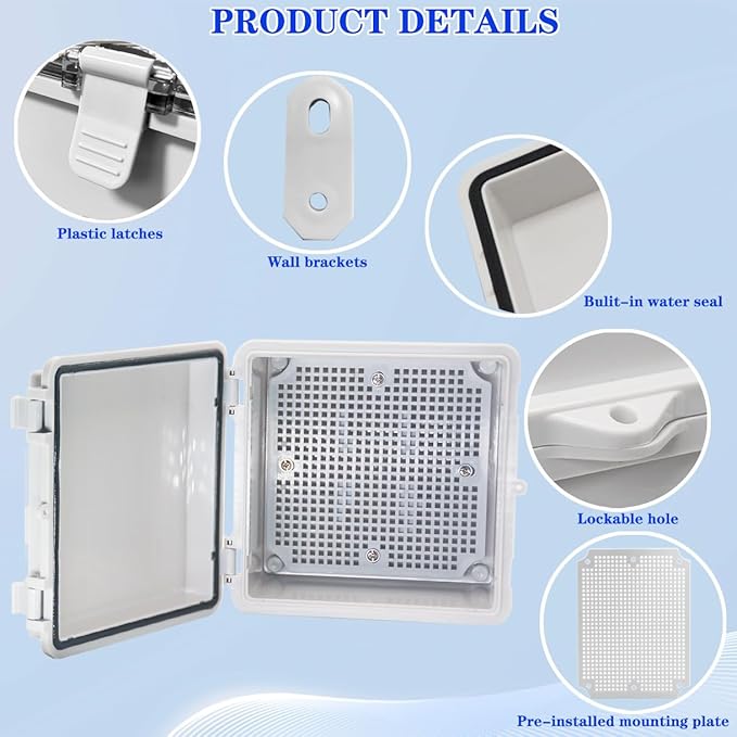 Waterproof Electrical Box Dustproof Junction Box Weatherproof IP67 ABS Plastic Enclosure Switch Router Project Box with Mounting Plate with Wall Bracket 2 Cable Glands Grey 5.9"x5.9"x3.5" - Image 3