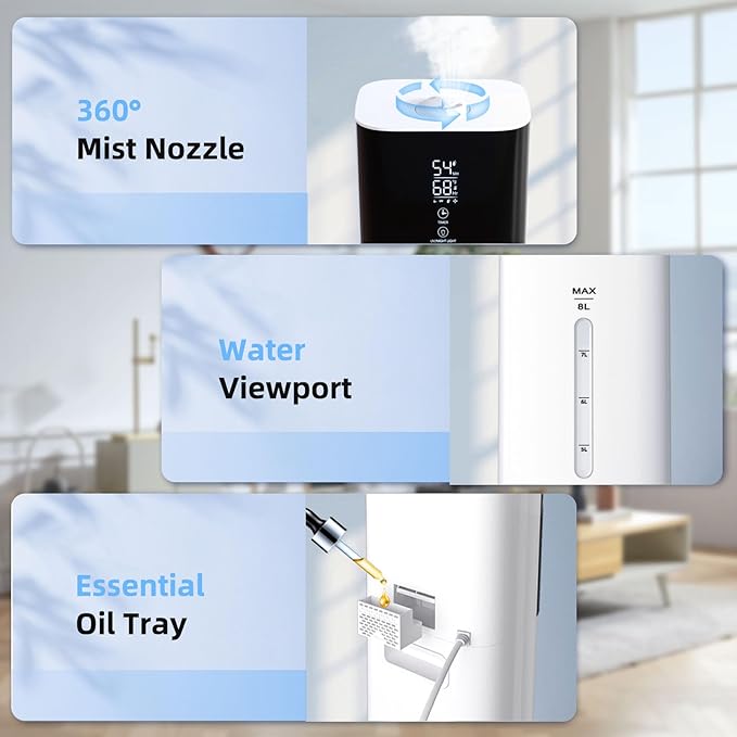 2.11Gal Ultrasonic Cool Mist Humidifier with Timer and Humidistat for Large Rooms - Home, Bedroom, Baby, Adults, Plants - Image 4