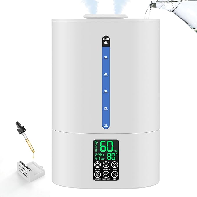 6L Humidifiers for Bedroom Large Room Home, Cool and Warm Humidifier for Baby and Plants Mist Top Fill Desk Humidifiers Essential Oil Diffuser, Quiet with Adjustable Mist,360°Nozzle-White by Coolfiqu
