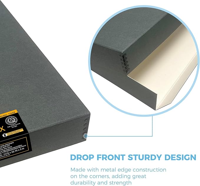 Lineco Museum Archival Storage Box, 17.75x22.75x3 in. Drop Front Design. Acid-Free with Metal Edge. Organize Photos, Pictures, Prints, Documents, Crafts, DIY. Gray, 1 Pack - Image 4