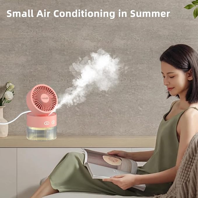 Personal Cooling Fan and Small Air Humidifier 350ml with LED Night Light, Desktop USB Charging Humidifier and Fan 3 in 1 for Office and Small Room, No Battery (Pink) - Image 3