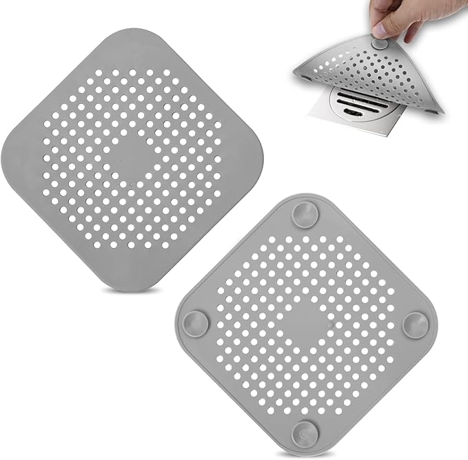 2 Pack Drain Hair Catcher Silicone Bathroom Accessories Square Drain Cover for Shower,Easy to Install Suit for Bathroom,Bathtub,Kitchen, Grey by joybridalc
