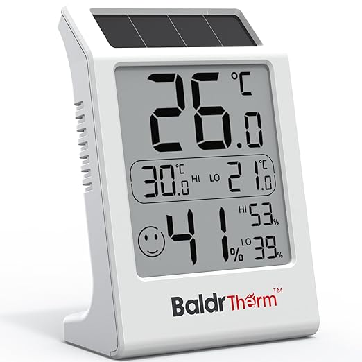 BaldrTherm Room Thermometer Indoor Humidity Meter, Solar-Powered 3.2'' Digital Temperature Sensor Monitor with Max/Min Reading, Comfort Indicator for Baby Room, Home, Office, White, 1Pack by BaldrTherm