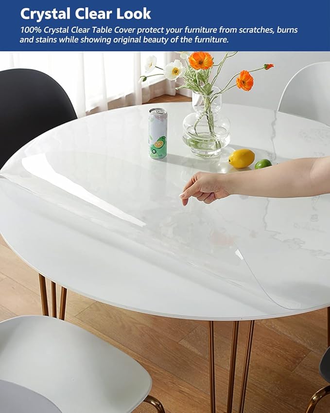 60 Inch Round Clear Plastic Table Cover Protector PVC Tablecloths Sheet Wood Furniture Topper Cover for Coffee Dining Room Table Kitchen Countertop Office Desk Blotter Pad Waterproof Wipeable - Image 4