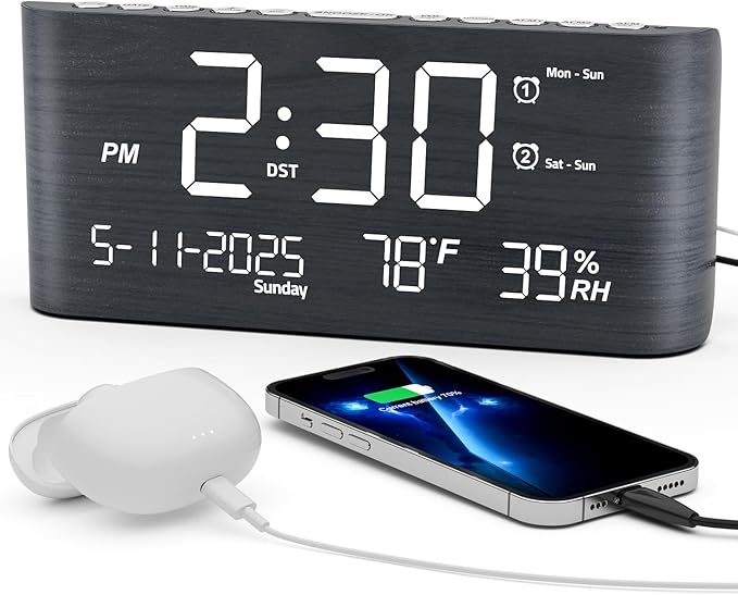 Mesqool Digital Alarm Clock, with Calendar Temperature and Humidity, Loud Volume, Dual Alarm, USB and Type-C Charging Ports, Dimmer, 12/24H, Snooze, Stylish Wood Grain Pattern Digital Clock for Décor by Mesqool