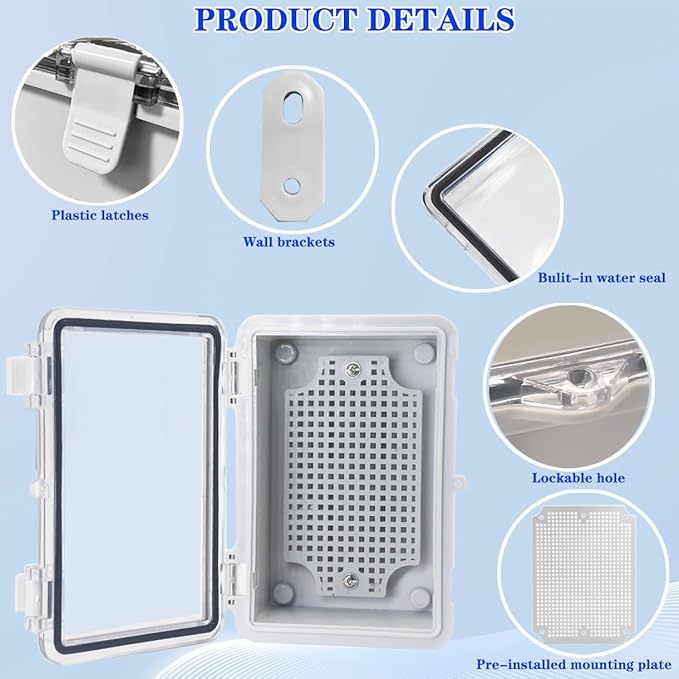 Waterproof Electrical Box Dustproof Junction Box Weatherproof IP67 ABS Plastic Enclosure Switch Router Project Box with Mounting Plate with Wall Bracket 2 Cable Glands Clear 5.9"x3.9"x2.8" - Image 3