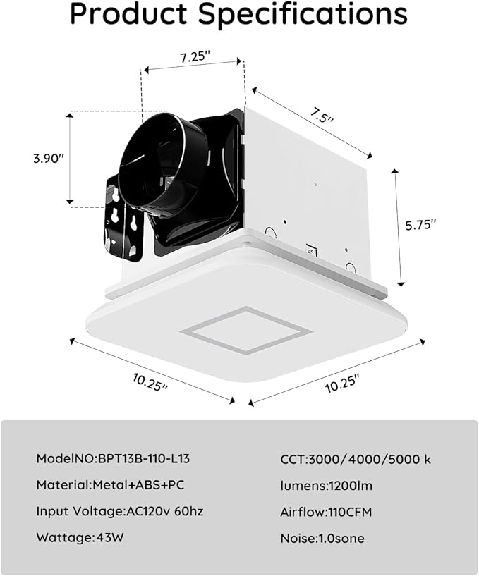 Fitop Bathroom Fan with Light，110CFM 1.0 Sones 1200lm LED Light 3000K/4000K/5000K Selectable，120V 43W Quiet Bathroom Ventilation Exhaust Fan for Shower/Restroom/Office/Home(silver) - Image 7