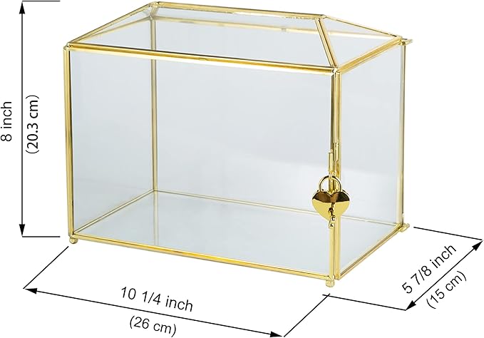 Glass Wedding Card Box with Slot, Large Clear Card Box 10.2 inch Gold Brass Gift Card Storage Box with Lock for Wedding Receptions, Baby Shower, Birthday Party, Bridal Shower - Image 6